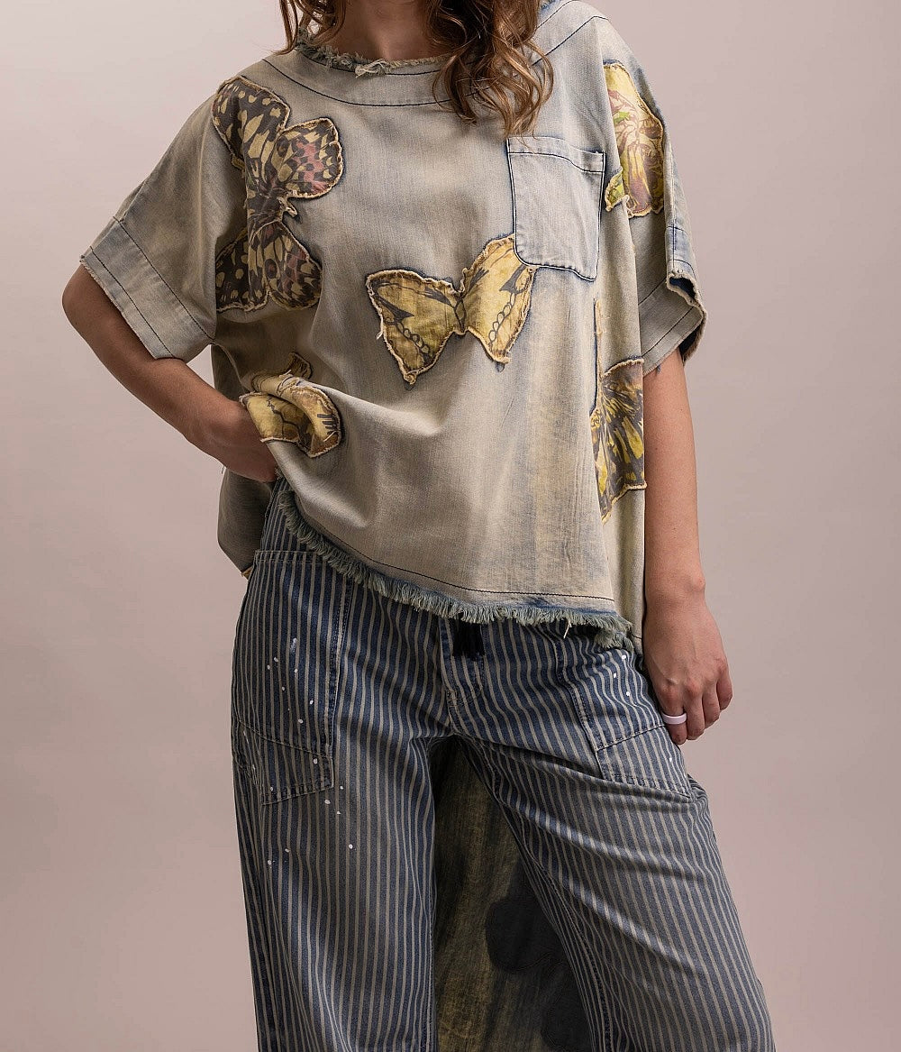 Butterfly Patchwork High-Low Denim Top
