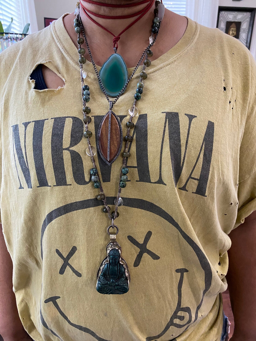 Green Tibetan Buddha Necklace on Bead Chain