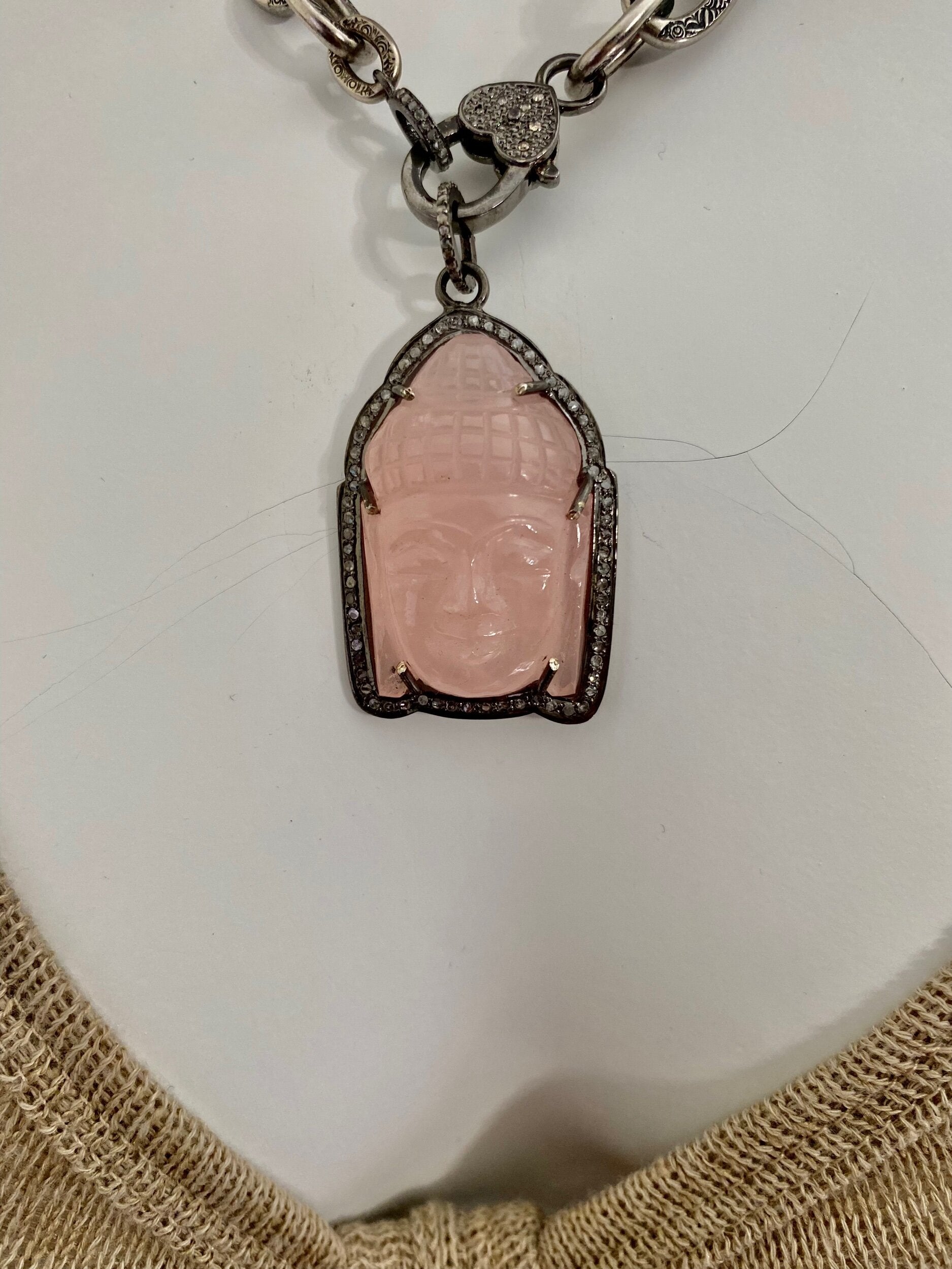 Rose Quartz Diamond Buddha Necklace