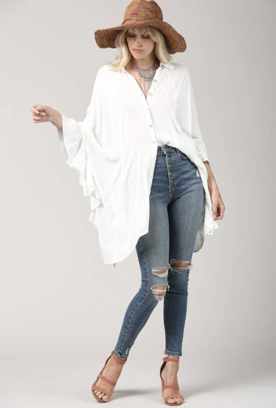 Roxanne Loose & Boxy Fit Ruffled Button Down Shirt