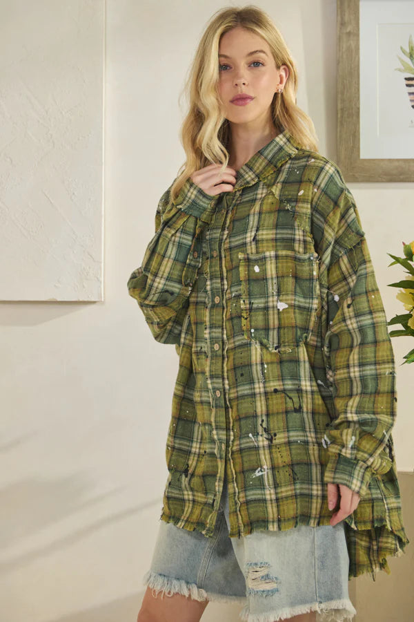 Evan Washed Plaid Button Long Sleeve Top