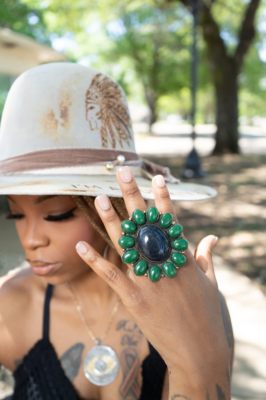Mae Navy and Hunter Green Agate Flower Ring
