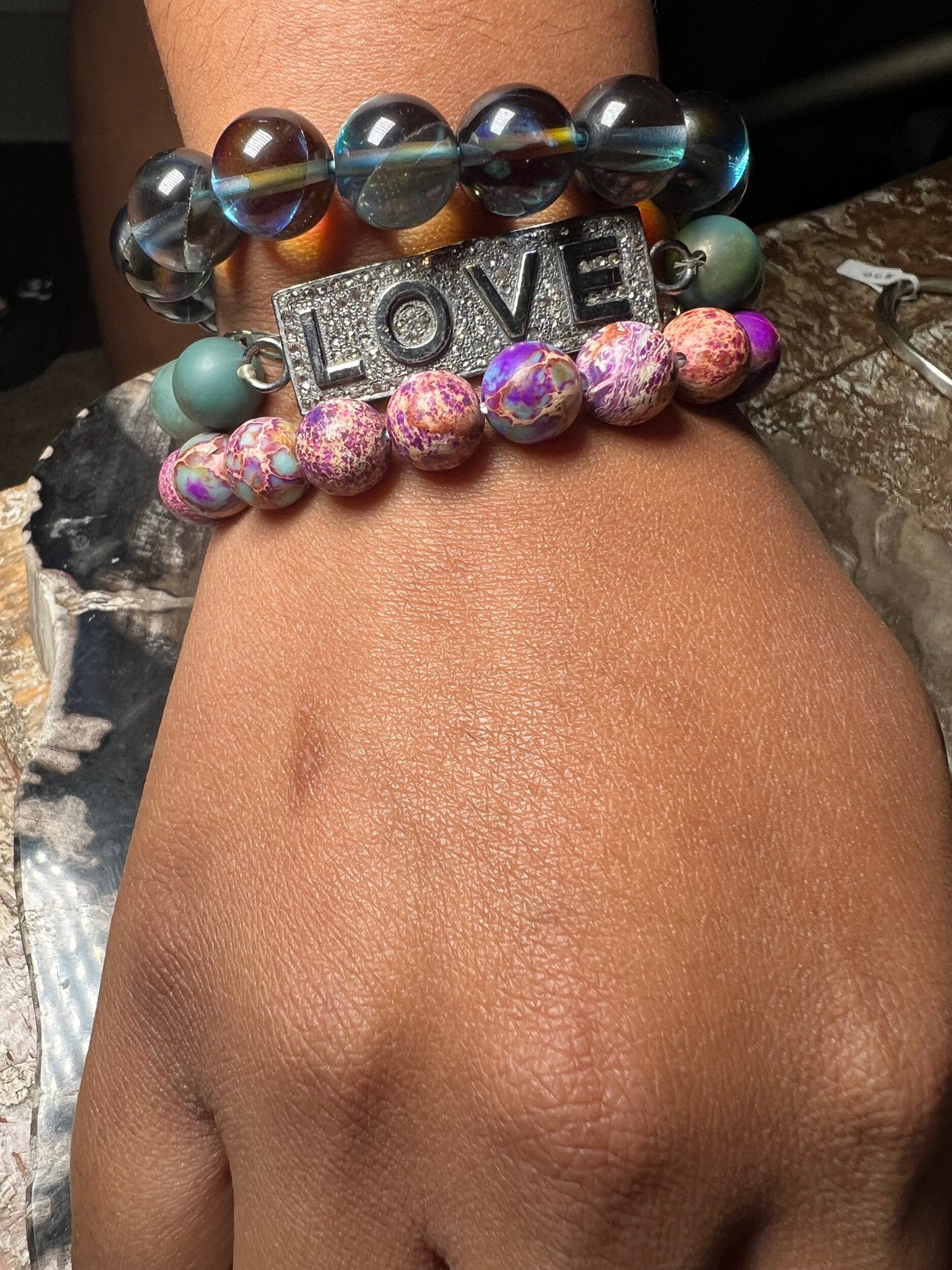 Diamond "Love" Bar on Green Agate (OAK)