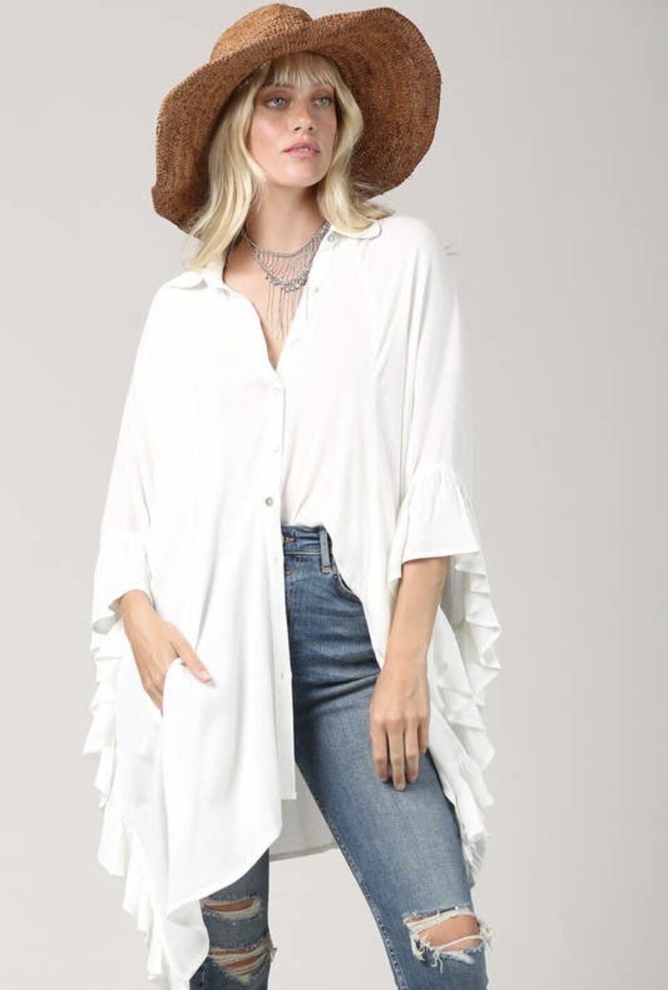 Roxanne Loose & Boxy Fit Ruffled Button Down Shirt
