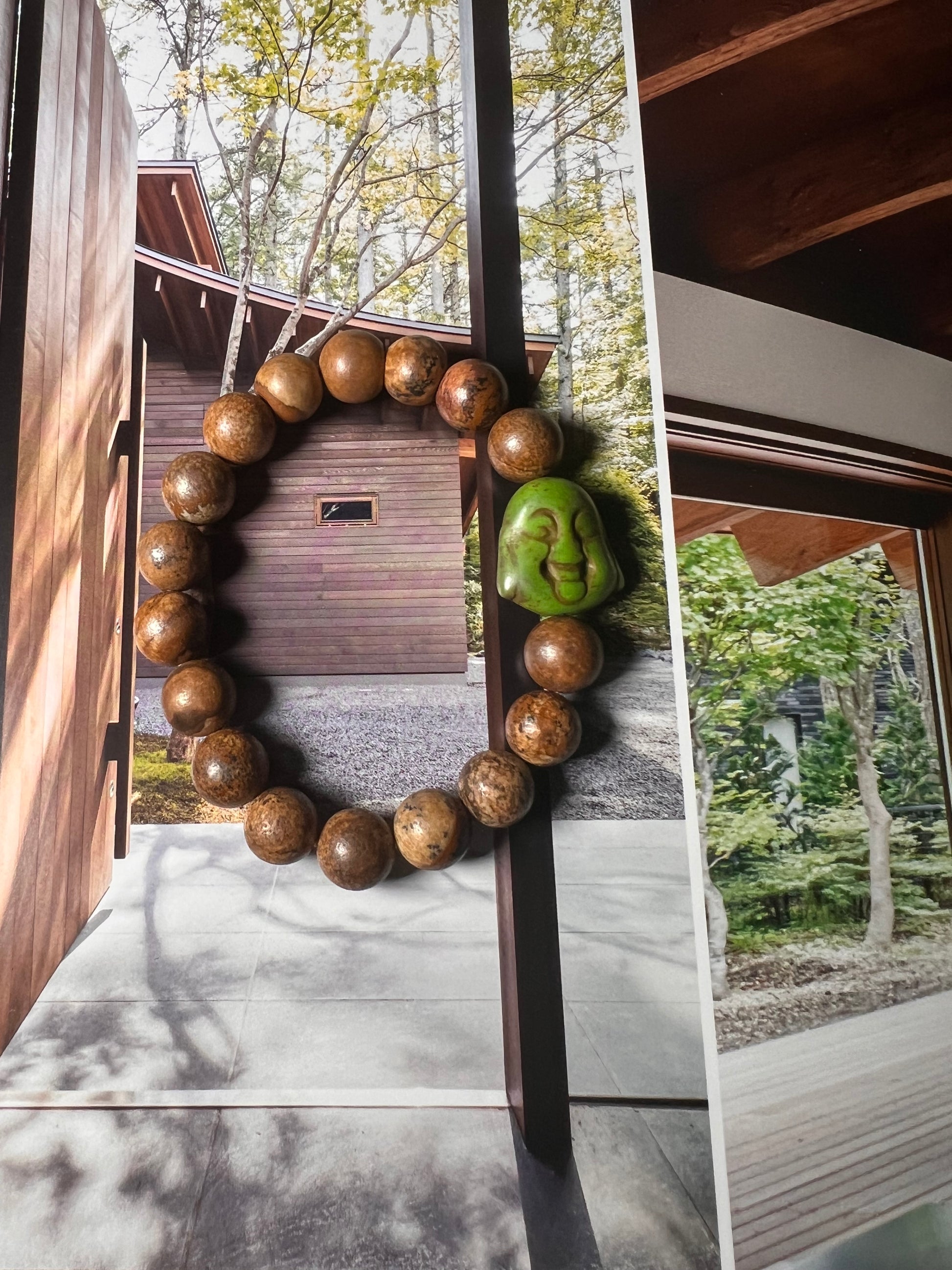 Picture Jasper Round beaded stretch bracelet w/ pear Buddha charm