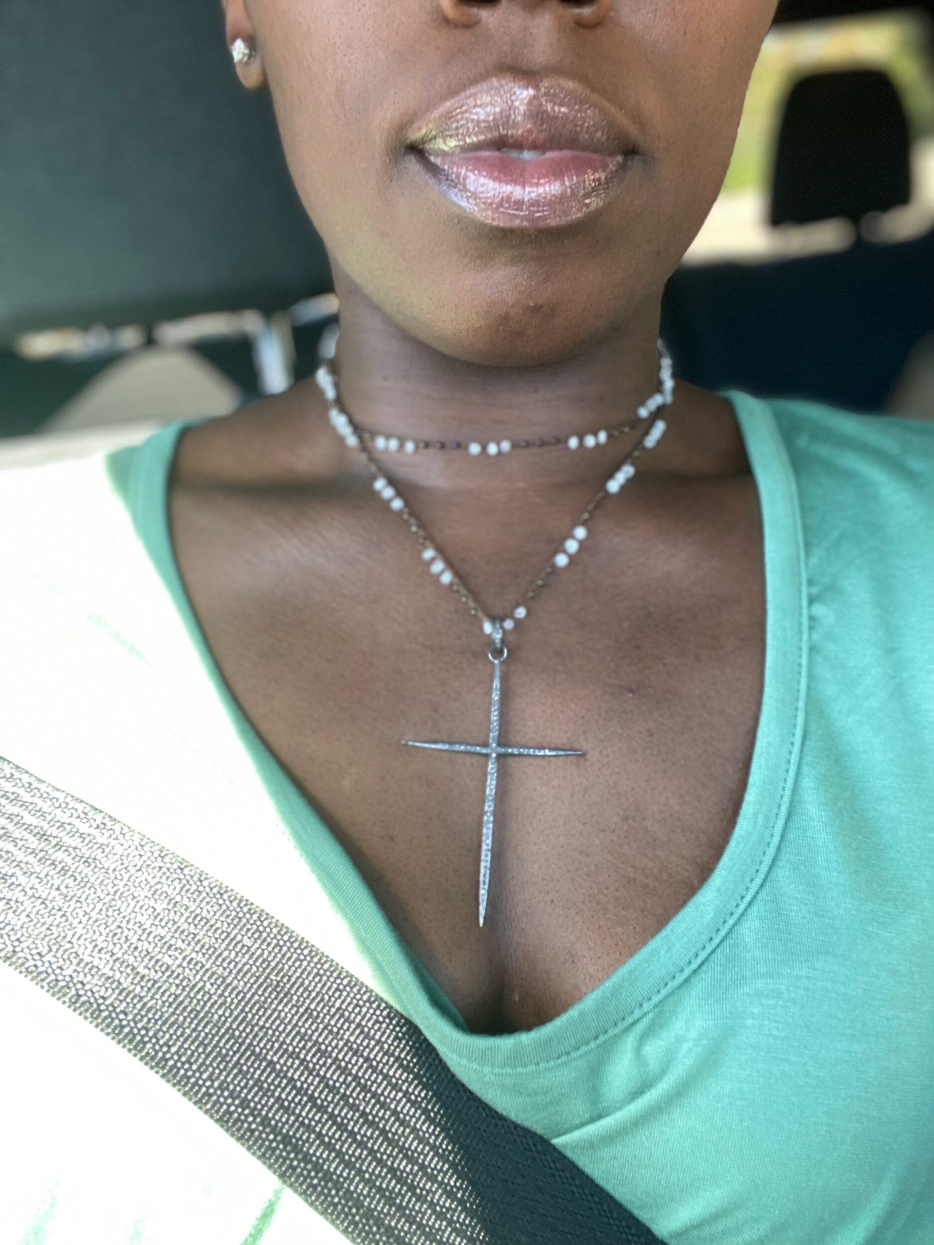Diamond Cross On Moonstone String Necklace