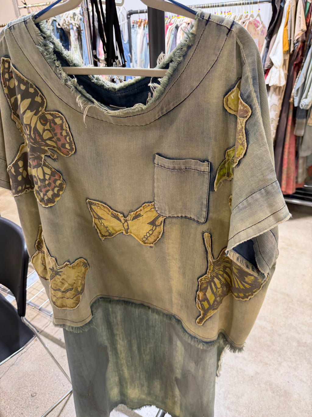 Butterfly Patchwork High-Low Denim Top