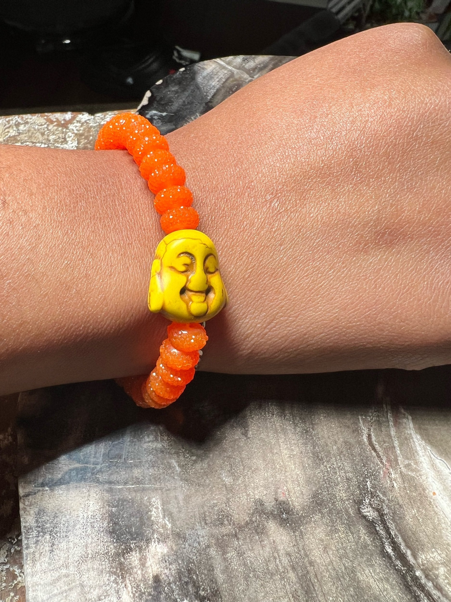Blood Orange sugar bead bracelet w/ lemon yellow buddha charm