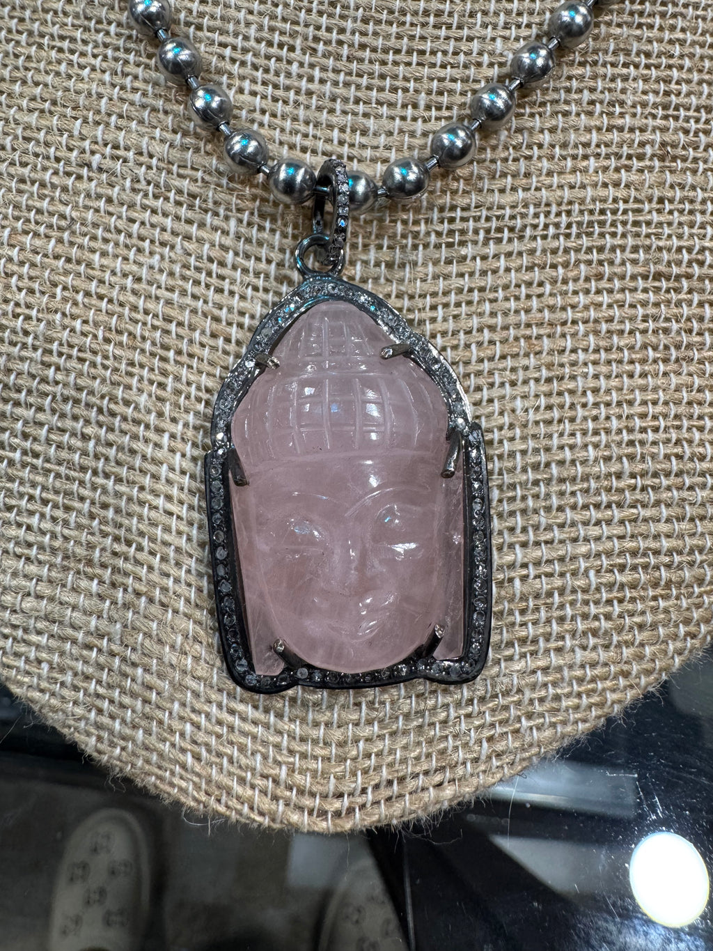 Rose Quartz Diamond Buddha Necklace