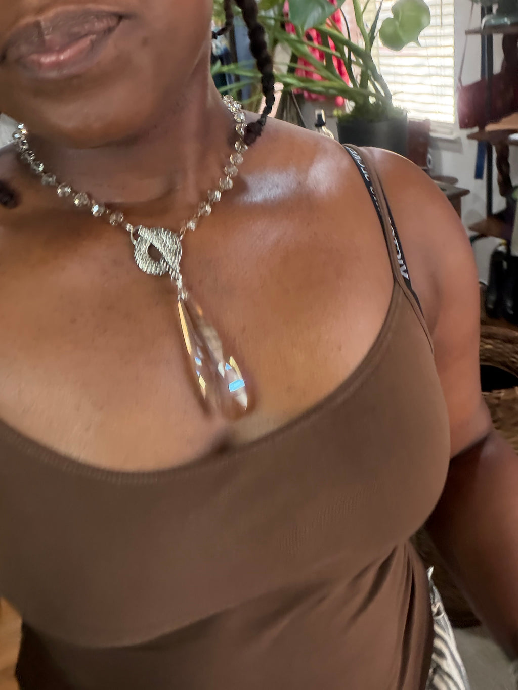 Crystal Faceted Pendant Necklace w/ Hammered Toggle