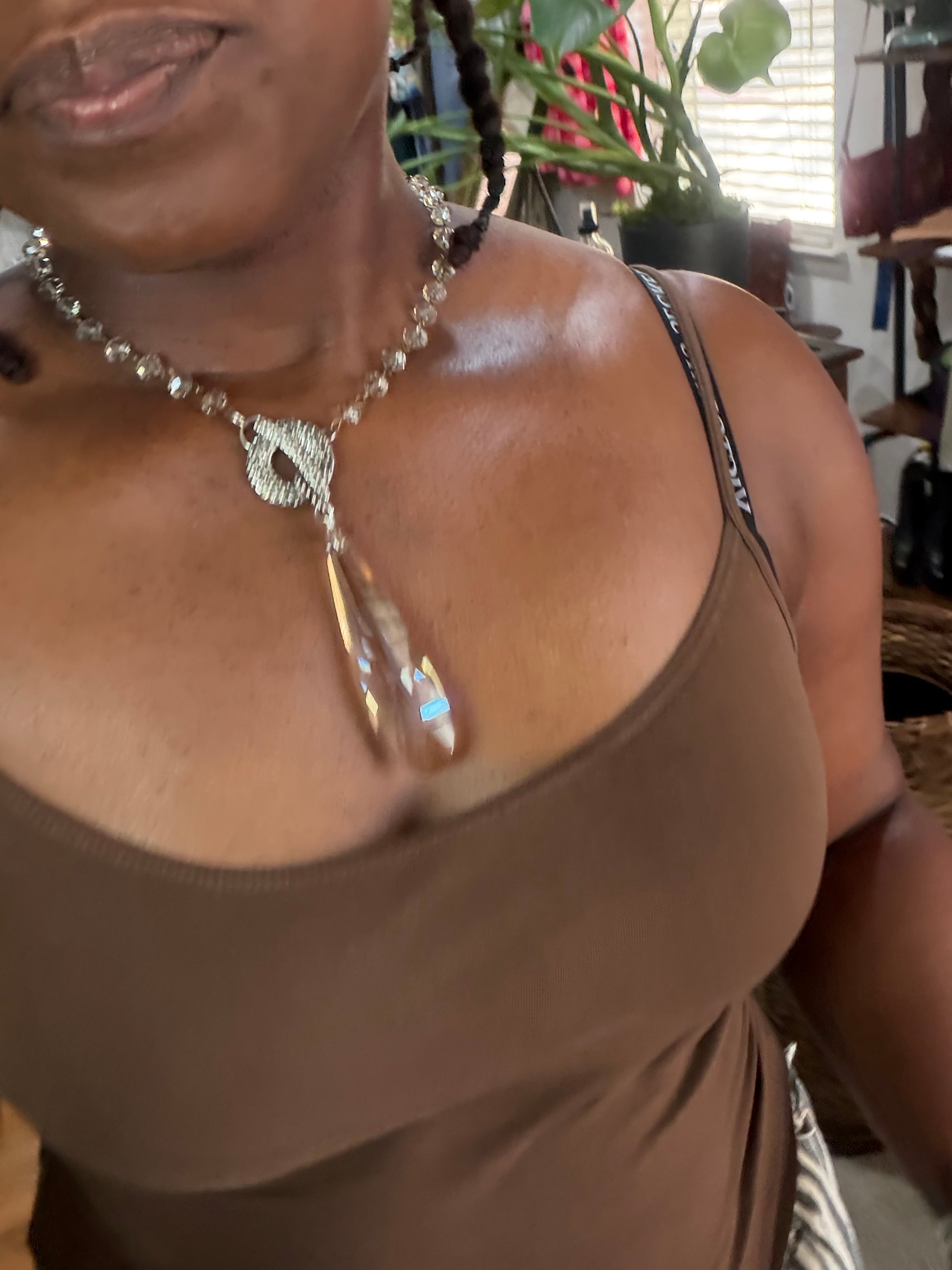 Crystal Faceted Pendant Necklace w/ Hammered Toggle