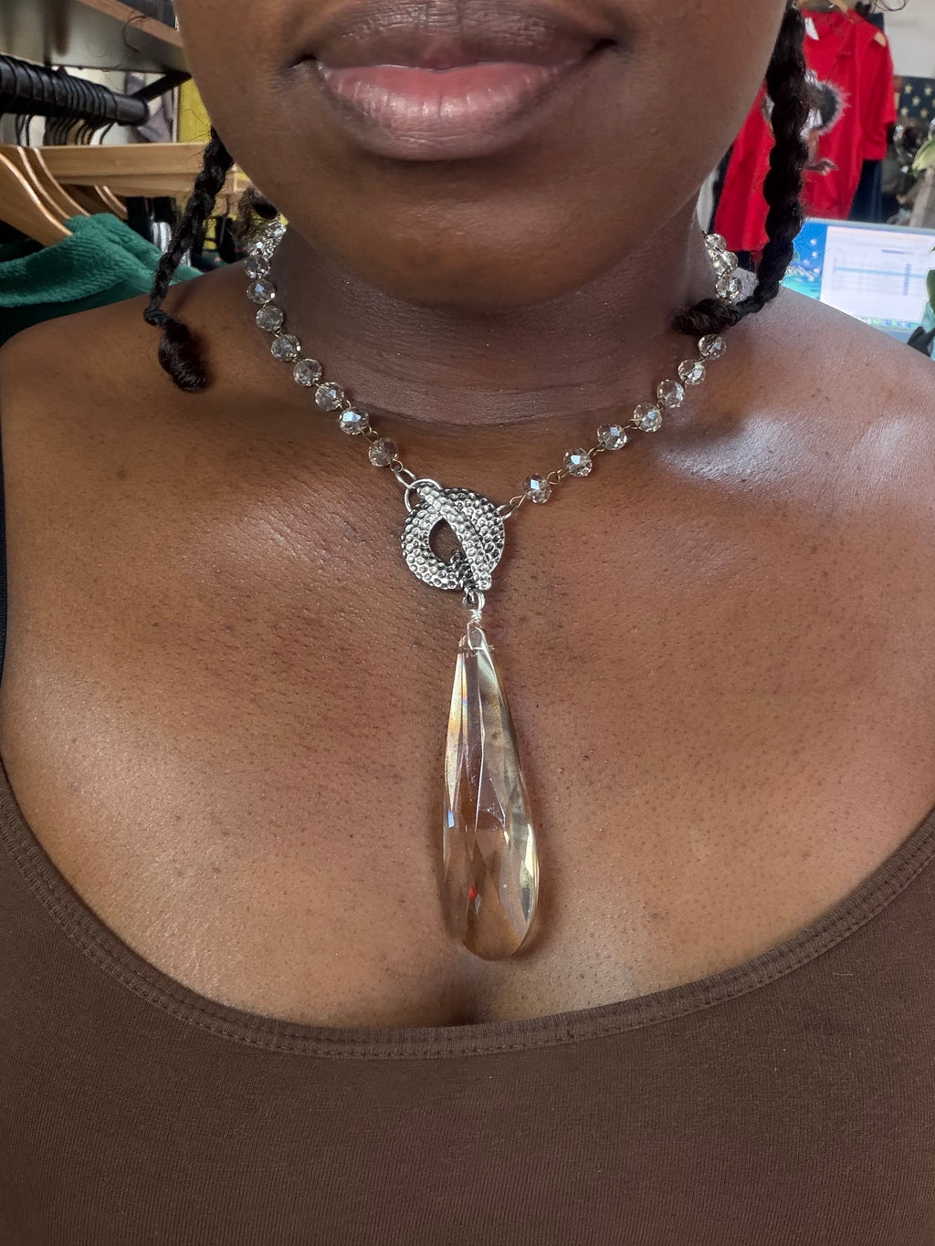 Crystal Faceted Pendant Necklace w/ Hammered Toggle