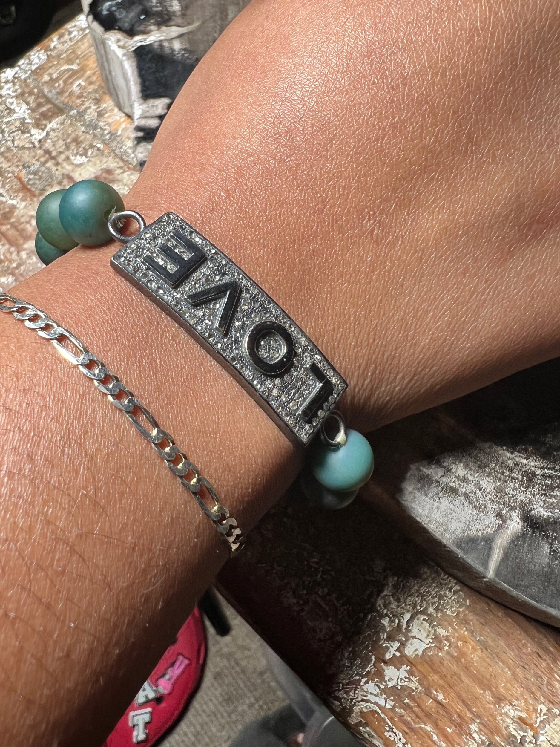 Diamond "Love" Bar on Green Agate (OAK)