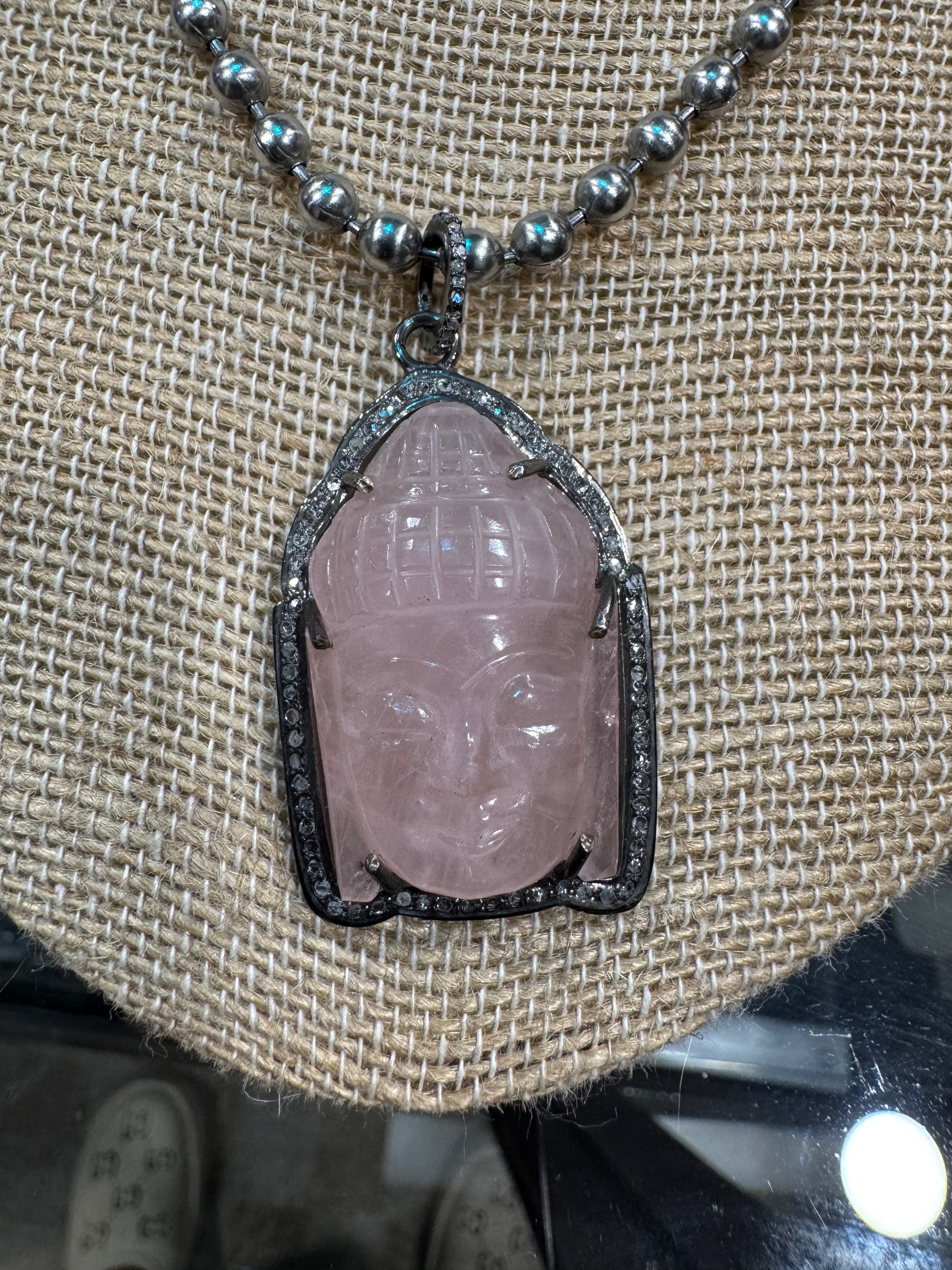 Rose Quartz Diamond Buddha Necklace